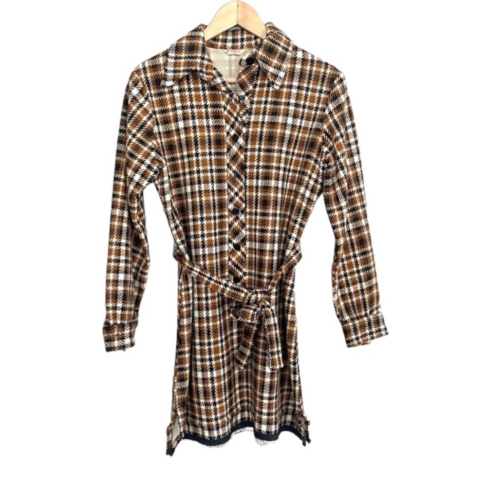 Vintage 60s Brown Black Cream Plaid Mini Dress Long Sleeve Belted Go-Go Mod S
